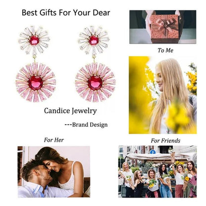 CANDICE High Quality 18K Yellow Gold Plating Gorgeous Women Pink Flower Dangling Earrings Pave Clear Red Cubic Zirconia Dancing Party Jewelry Accessories