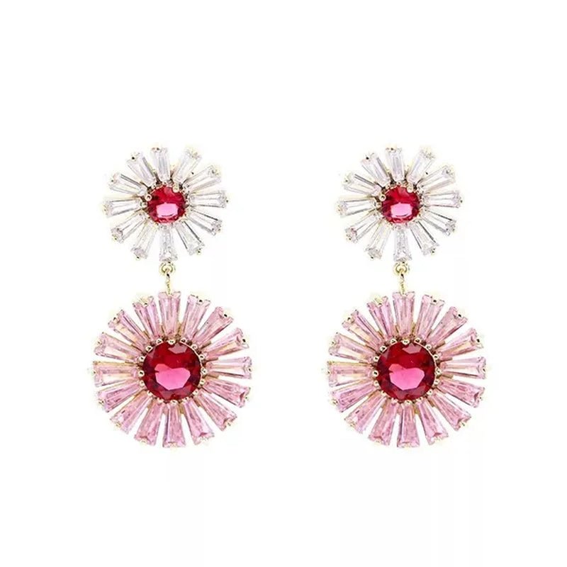 CANDICE High Quality 18K Yellow Gold Plating Gorgeous Women Pink Flower Dangling Earrings Pave Clear Red Cubic Zirconia Dancing Party Jewelry Accessories