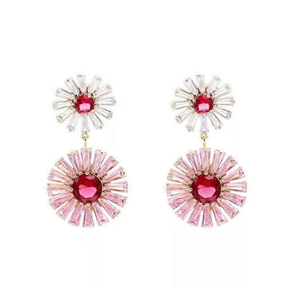 CANDICE High Quality 18K Yellow Gold Plating Gorgeous Women Pink Flower Dangling Earrings Pave Clear Red Cubic Zirconia Dancing Party Jewelry Accessories