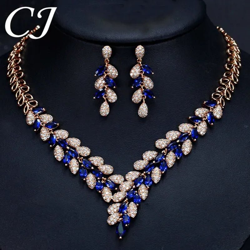 CANDICE High Quality Green Crystal Dubai Gold Plated Jewelry Sets Luxury CZ Stone African Necklace Earrings Wedding Set for Bridal Party