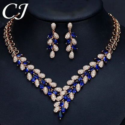 CANDICE High Quality Green Crystal Dubai Gold Plated Jewelry Sets Luxury CZ Stone African Necklace Earrings Wedding Set for Bridal Party