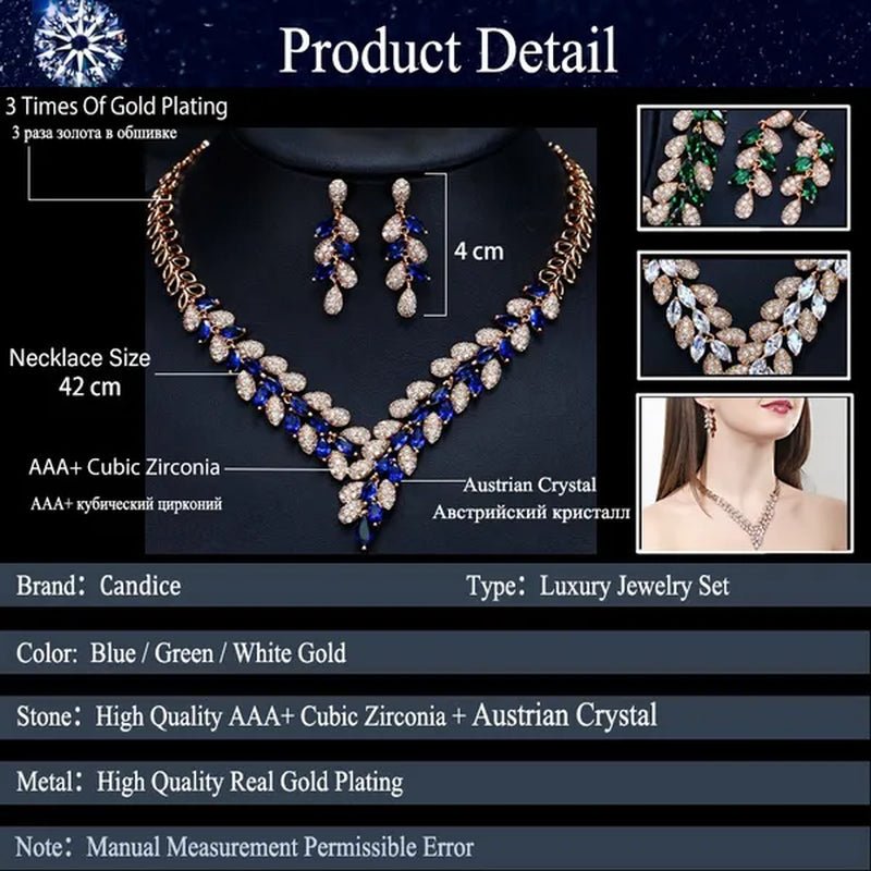 CANDICE High Quality Green Crystal Dubai Gold Plated Jewelry Sets Luxury CZ Stone African Necklace Earrings Wedding Set for Bridal Party - WORLD TIME VISITS