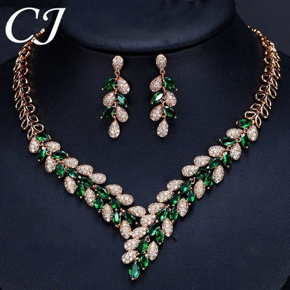 CANDICE High Quality Green Crystal Dubai Gold Plated Jewelry Sets Luxury CZ Stone African Necklace Earrings Wedding Set for Bridal Party - WORLD TIME VISITS