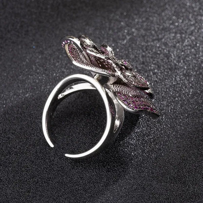 CANDICE High Quality White Gold Plated Micro Inlaid Rose Red AAA CZ Crystal 3D Big Flower Exaggerated Cocktail Party Ring for Women Costume Jewelry