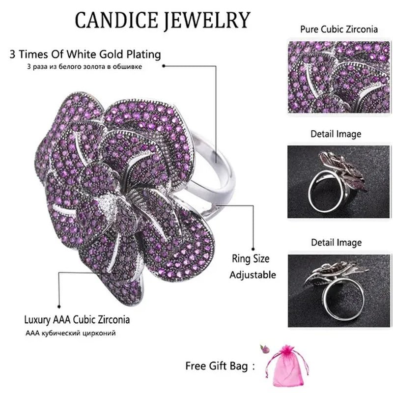 CANDICE High Quality White Gold Plated Micro Inlaid Rose Red AAA CZ Crystal 3D Big Flower Exaggerated Cocktail Party Ring for Women Costume Jewelry - WORLD TIME VISITS