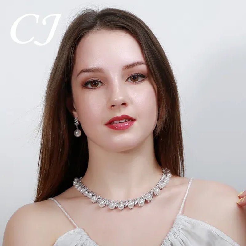CANDICE High Quality White Gold Plating Square CZ Stone with White Pearl Luxurious Bridal Jewelry Wedding Choker Necklace and Drop Earrings Sets for Brides Dress Accessories