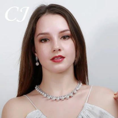 CANDICE High Quality White Gold Plating Square CZ Stone with White Pearl Luxurious Bridal Jewelry Wedding Choker Necklace and Drop Earrings Sets for Brides Dress Accessories