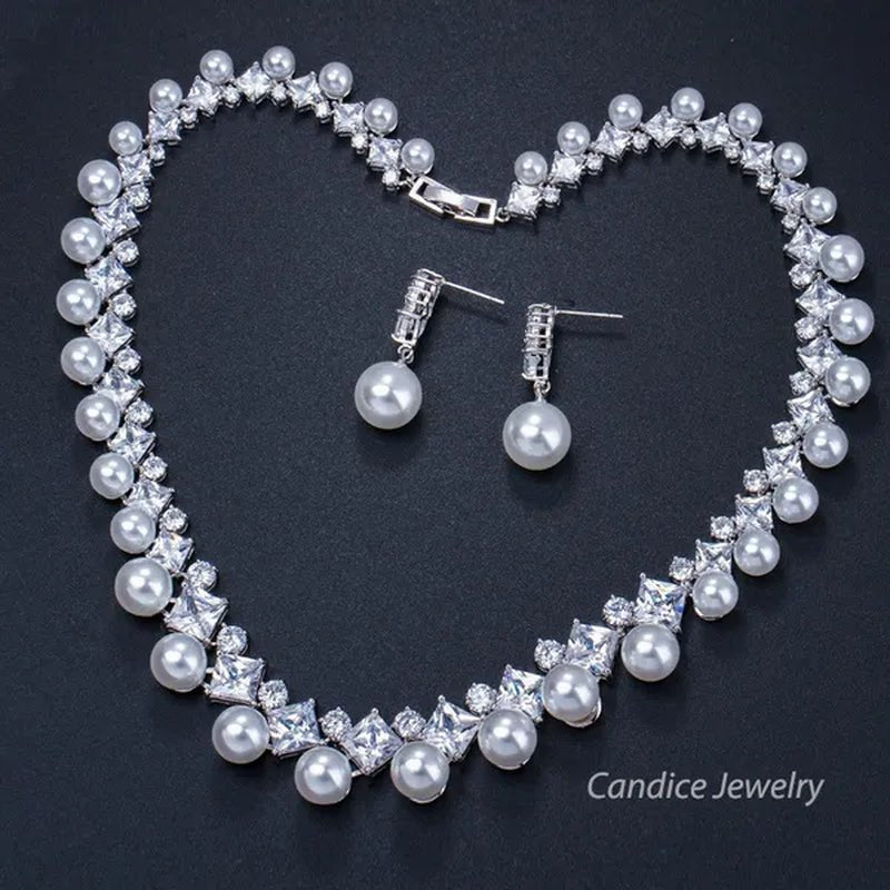 CANDICE High Quality White Gold Plating Square CZ Stone with White Pearl Luxurious Bridal Jewelry Wedding Choker Necklace and Drop Earrings Sets for Brides Dress Accessories