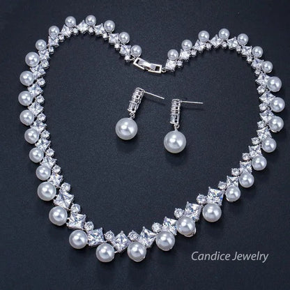 CANDICE High Quality White Gold Plating Square CZ Stone with White Pearl Luxurious Bridal Jewelry Wedding Choker Necklace and Drop Earrings Sets for Brides Dress Accessories