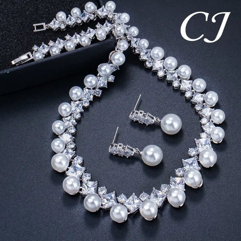 CANDICE High Quality White Gold Plating Square CZ Stone with White Pearl Luxurious Bridal Jewelry Wedding Choker Necklace and Drop Earrings Sets for Brides Dress Accessories