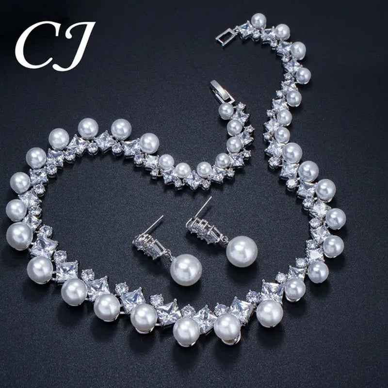 CANDICE High Quality White Gold Plating Square CZ Stone with White Pearl Luxurious Bridal Jewelry Wedding Choker Necklace and Drop Earrings Sets for Brides Dress Accessories