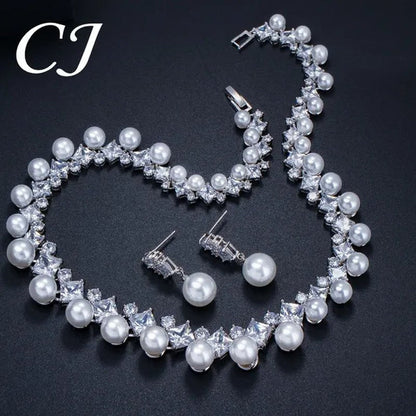 CANDICE High Quality White Gold Plating Square CZ Stone with White Pearl Luxurious Bridal Jewelry Wedding Choker Necklace and Drop Earrings Sets for Brides Dress Accessories