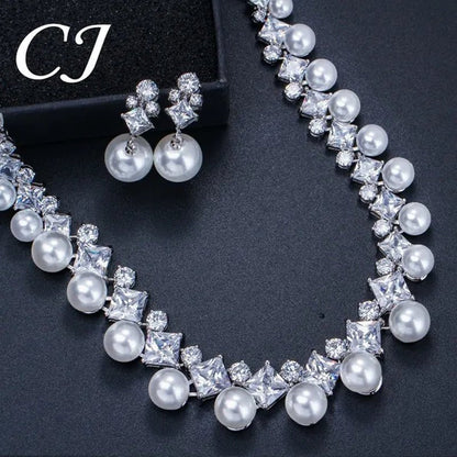 CANDICE High Quality White Gold Plating Square CZ Stone with White Pearl Luxurious Bridal Jewelry Wedding Choker Necklace and Drop Earrings Sets for Brides Dress Accessories