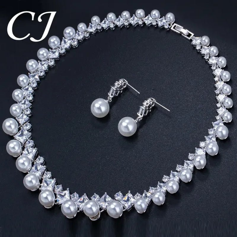 CANDICE High Quality White Gold Plating Square CZ Stone with White Pearl Luxurious Bridal Jewelry Wedding Choker Necklace and Drop Earrings Sets for Brides Dress Accessories