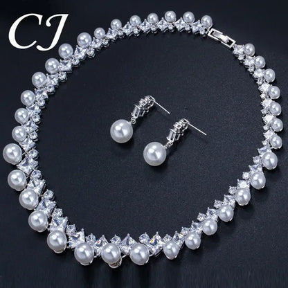 CANDICE High Quality White Gold Plating Square CZ Stone with White Pearl Luxurious Bridal Jewelry Wedding Choker Necklace and Drop Earrings Sets for Brides Dress Accessories