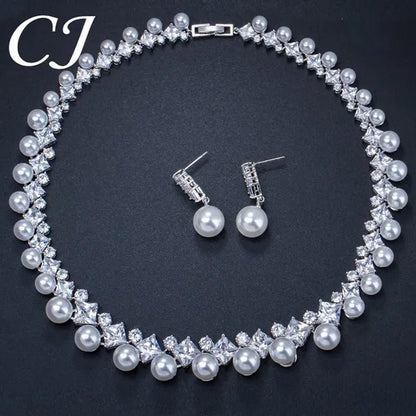 CANDICE High Quality White Gold Plating Square CZ Stone with White Pearl Luxurious Bridal Jewelry Wedding Choker Necklace and Drop Earrings Sets for Brides Dress Accessories - WORLD TIME VISITS