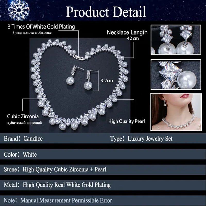 CANDICE High Quality White Gold Plating Square CZ Stone with White Pearl Luxurious Bridal Jewelry Wedding Choker Necklace and Drop Earrings Sets for Brides Dress Accessories - WORLD TIME VISITS