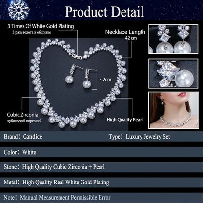 CANDICE High Quality White Gold Plating Square CZ Stone with White Pearl Luxurious Bridal Jewelry Wedding Choker Necklace and Drop Earrings Sets for Brides Dress Accessories - WORLD TIME VISITS