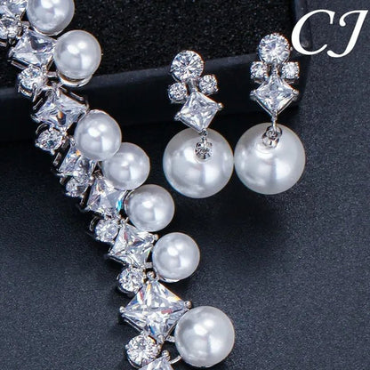 CANDICE High Quality White Gold Plating Square CZ Stone with White Pearl Luxurious Bridal Jewelry Wedding Choker Necklace and Drop Earrings Sets for Brides Dress Accessories