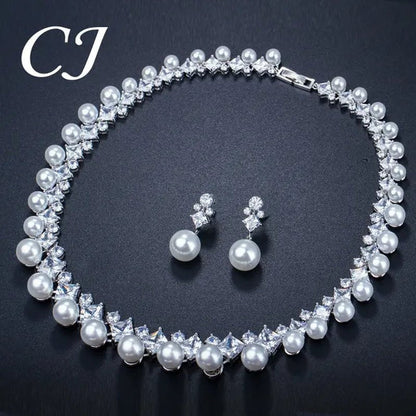 CANDICE High Quality White Gold Plating Square CZ Stone with White Pearl Luxurious Bridal Jewelry Wedding Choker Necklace and Drop Earrings Sets for Brides Dress Accessories - WORLD TIME VISITS