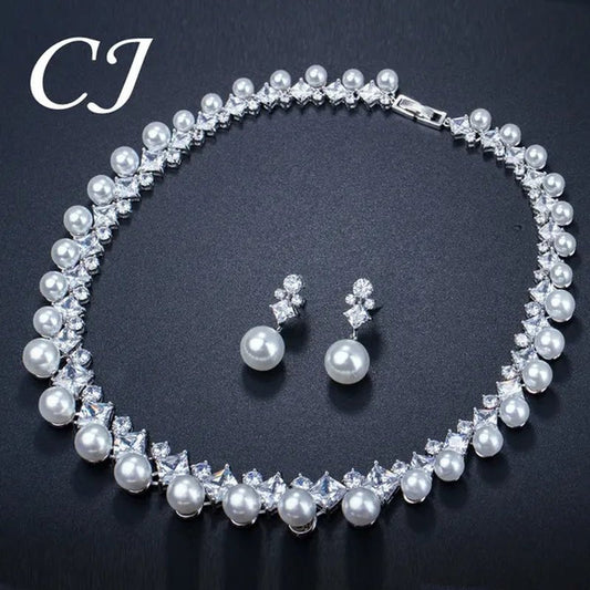 CANDICE High Quality White Gold Plating Square CZ Stone with White Pearl Luxurious Bridal Jewelry Wedding Choker Necklace and Drop Earrings Sets for Brides Dress Accessories - WORLD TIME VISITS