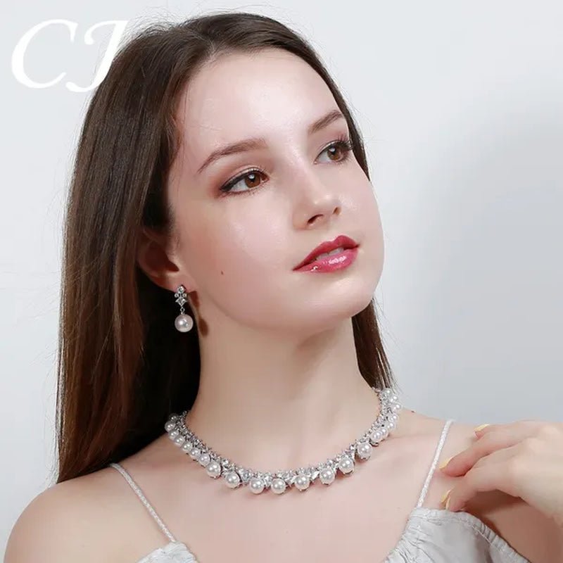 CANDICE High Quality White Gold Plating Square CZ Stone with White Pearl Luxurious Bridal Jewelry Wedding Choker Necklace and Drop Earrings Sets for Brides Dress Accessories - WORLD TIME VISITS