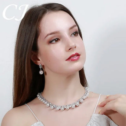 CANDICE High Quality White Gold Plating Square CZ Stone with White Pearl Luxurious Bridal Jewelry Wedding Choker Necklace and Drop Earrings Sets for Brides Dress Accessories - WORLD TIME VISITS