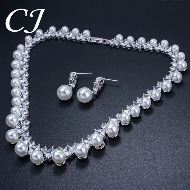 CANDICE High Quality White Gold Plating Square CZ Stone with White Pearl Luxurious Bridal Jewelry Wedding Choker Necklace and Drop Earrings Sets for Brides Dress Accessories