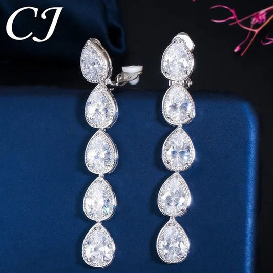 CANDICE Long Water Drop Dangling Jewelry Pave Clear Cubic Zirconia Crystal Female Non Pierced Wedding Clip on Earrings - WORLD TIME VISITS