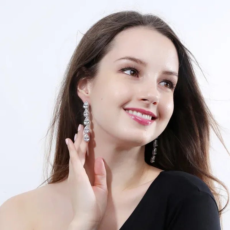 CANDICE Long Water Drop Dangling Jewelry Pave Clear Cubic Zirconia Crystal Female Non Pierced Wedding Clip on Earrings - WORLD TIME VISITS