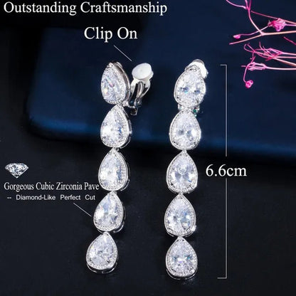 CANDICE Long Water Drop Dangling Jewelry Pave Clear Cubic Zirconia Crystal Female Non Pierced Wedding Clip on Earrings - WORLD TIME VISITS