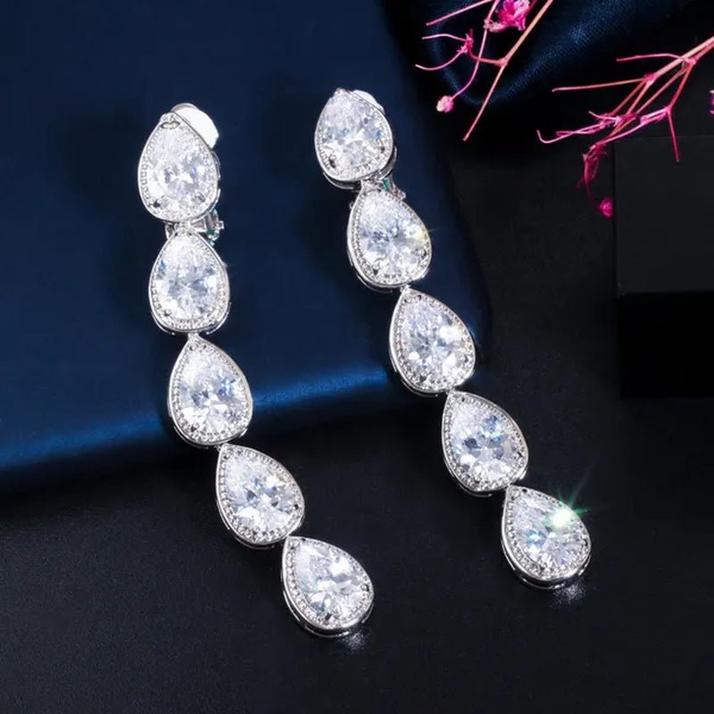 CANDICE Long Water Drop Dangling Jewelry Pave Clear Cubic Zirconia Crystal Female Non Pierced Wedding Clip on Earrings