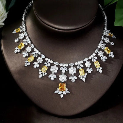 CANDICE Luxury Brilliant Citrine Bridal Wedding Party Jewelry Set for Brides Pave Yellow AAA CZ Stone Flower Drop Dangle Earrings Necklace Bracelet Sets