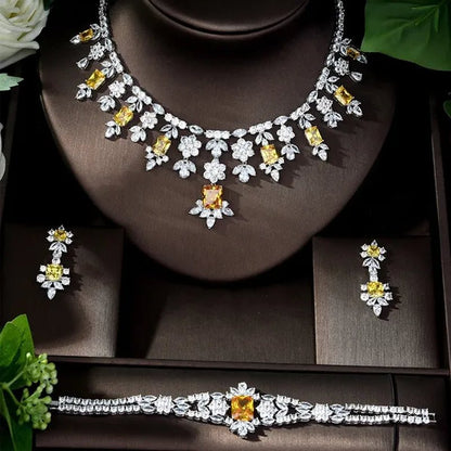 CANDICE Luxury Brilliant Citrine Bridal Wedding Party Jewelry Set for Brides Pave Yellow AAA CZ Stone Flower Drop Dangle Earrings Necklace Bracelet Sets - WORLD TIME VISITS