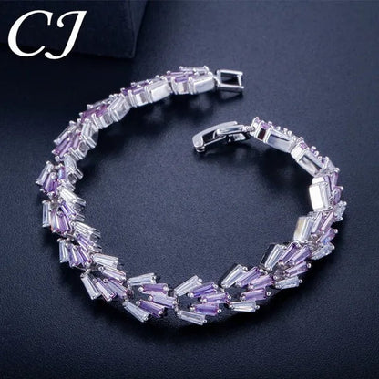 CANDICE New Trendy Sterling Silver Hand Bangle Jewelry Noble Rectangle Purple Crystal Women Tennis Bracelets with White Zirconia