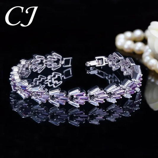 CANDICE New Trendy Sterling Silver Hand Bangle Jewelry Noble Rectangle Purple Crystal Women Tennis Bracelets with White Zirconia - WORLD TIME VISITS
