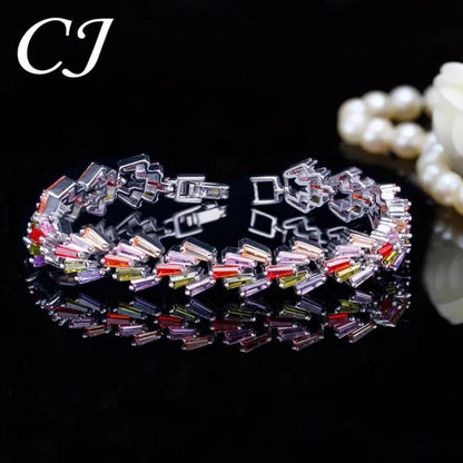 CANDICE New Trendy Sterling Silver Hand Bangle Jewelry Noble Rectangle Purple Crystal Women Tennis Bracelets with White Zirconia - WORLD TIME VISITS