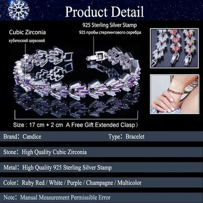 CANDICE New Trendy Sterling Silver Hand Bangle Jewelry Noble Rectangle Purple Crystal Women Tennis Bracelets with White Zirconia - WORLD TIME VISITS