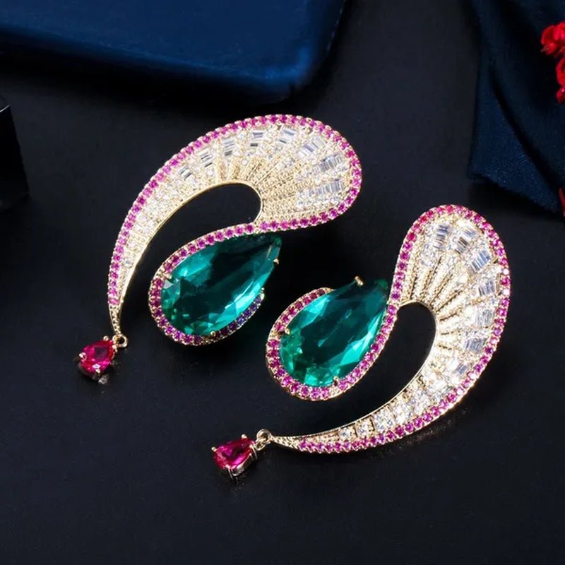 CANDICE Noble Micro Pave Tiny CZ Crystal Unique Leaf Shape Earrings with Green Water Drop Stones Ethiopian Gold Plated Wedding Banquet Jewelry for Women