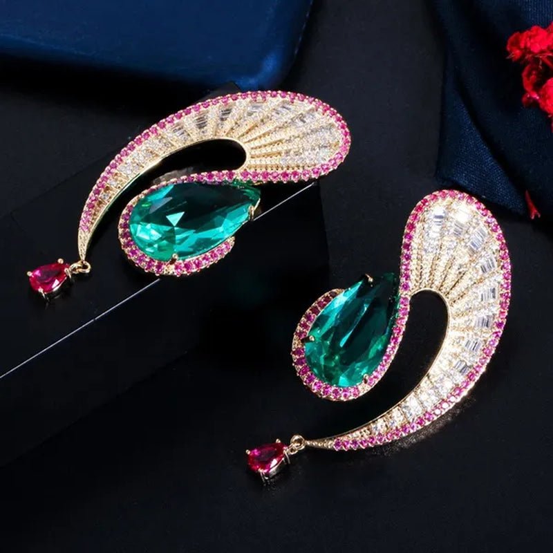 CANDICE Noble Micro Pave Tiny CZ Crystal Unique Leaf Shape Earrings with Green Water Drop Stones Ethiopian Gold Plated Wedding Banquet Jewelry for Women