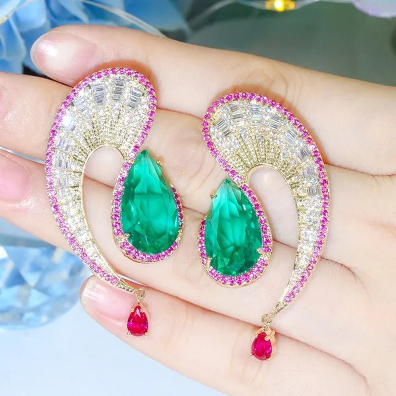 CANDICE Noble Micro Pave Tiny CZ Crystal Unique Leaf Shape Earrings with Green Water Drop Stones Ethiopian Gold Plated Wedding Banquet Jewelry for Women - WORLD TIME VISITS