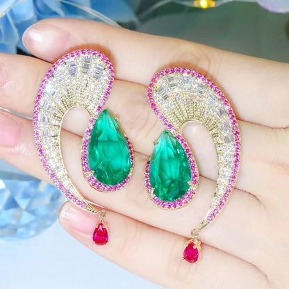 CANDICE Noble Micro Pave Tiny CZ Crystal Unique Leaf Shape Earrings with Green Water Drop Stones Ethiopian Gold Plated Wedding Banquet Jewelry for Women - WORLD TIME VISITS