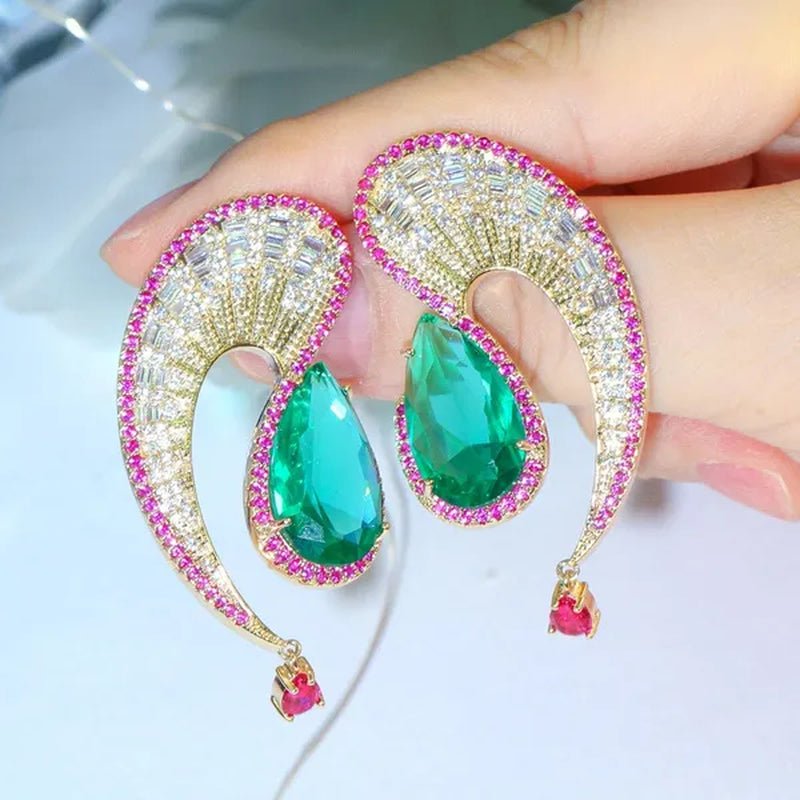 CANDICE Noble Micro Pave Tiny CZ Crystal Unique Leaf Shape Earrings with Green Water Drop Stones Ethiopian Gold Plated Wedding Banquet Jewelry for Women - WORLD TIME VISITS