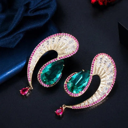 CANDICE Noble Micro Pave Tiny CZ Crystal Unique Leaf Shape Earrings with Green Water Drop Stones Ethiopian Gold Plated Wedding Banquet Jewelry for Women