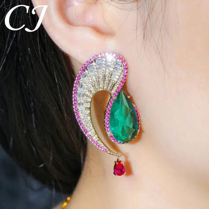 CANDICE Noble Micro Pave Tiny CZ Crystal Unique Leaf Shape Earrings with Green Water Drop Stones Ethiopian Gold Plated Wedding Banquet Jewelry for Women - WORLD TIME VISITS