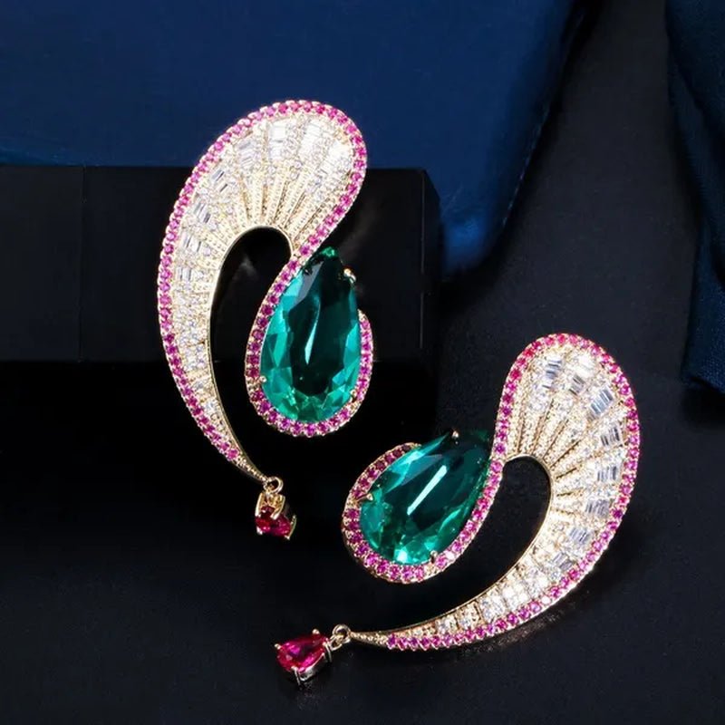 CANDICE Noble Micro Pave Tiny CZ Crystal Unique Leaf Shape Earrings with Green Water Drop Stones Ethiopian Gold Plated Wedding Banquet Jewelry for Women