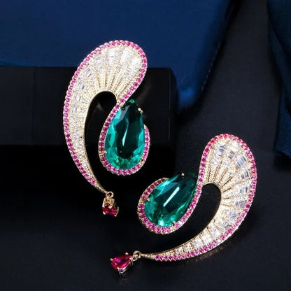 CANDICE Noble Micro Pave Tiny CZ Crystal Unique Leaf Shape Earrings with Green Water Drop Stones Ethiopian Gold Plated Wedding Banquet Jewelry for Women
