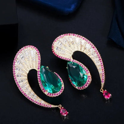 CANDICE Noble Micro Pave Tiny CZ Crystal Unique Leaf Shape Earrings with Green Water Drop Stones Ethiopian Gold Plated Wedding Banquet Jewelry for Women