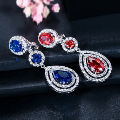 CANDICE Red Pear Cut Crystal Long Dangle Earrings without Piercing Women CZ Non Hole Clip on Ear Jewelry Bridal Accessories
