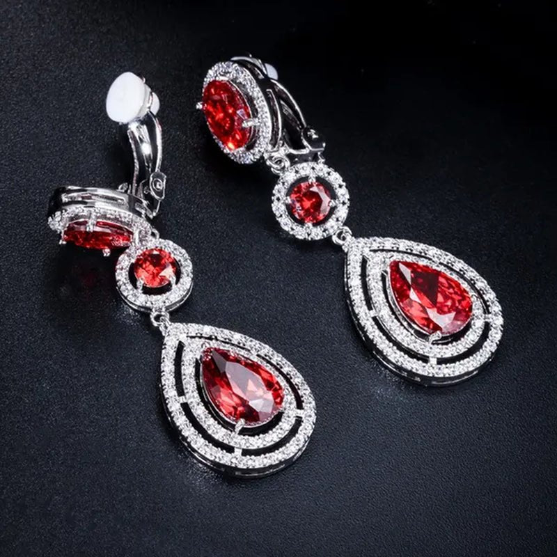 CANDICE Red Pear Cut Crystal Long Dangle Earrings without Piercing Women CZ Non Hole Clip on Ear Jewelry Bridal Accessories